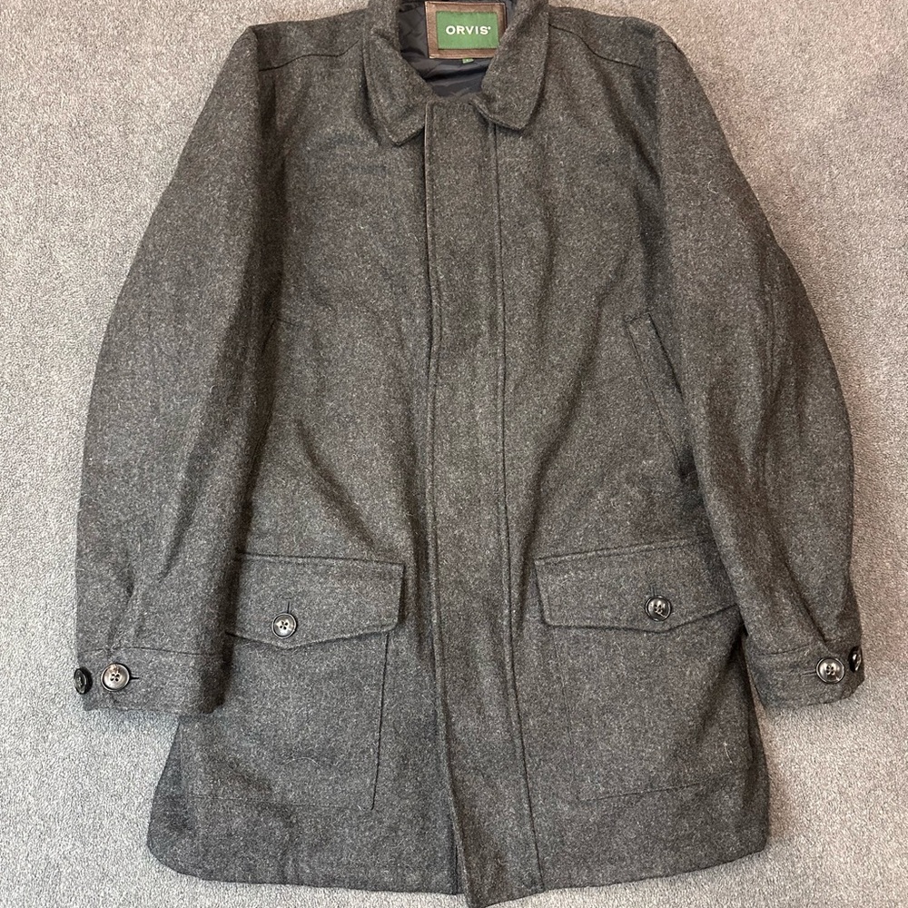 Orvis Full Zip Wool Jacket Quilted Lined Mens Large Grey Hunting Outdoors